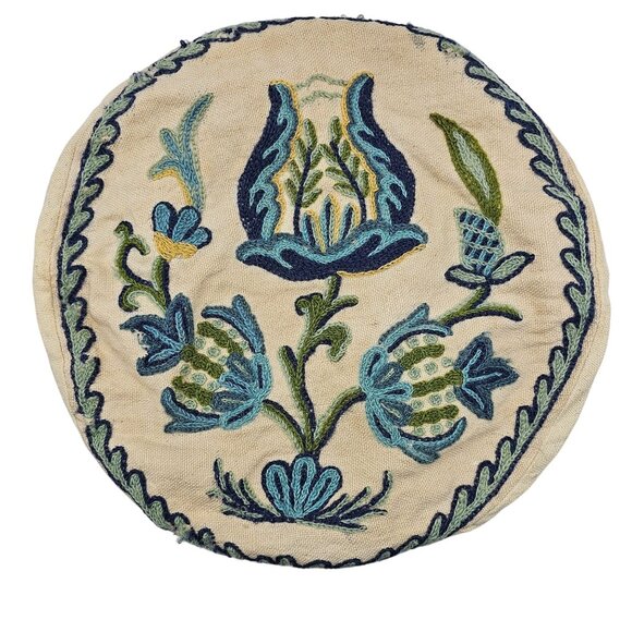 Vintage Handmade Crewel Embroidery Round Pillow Cover 12" Blue Thistle Design - Picture 14 of 14